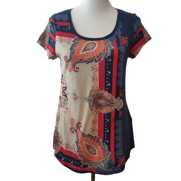 Lucky Brand Womens NWT Blue Red Orange Paisley Bandana Print S/S T-Shirt Top S - Picture 1 of 10